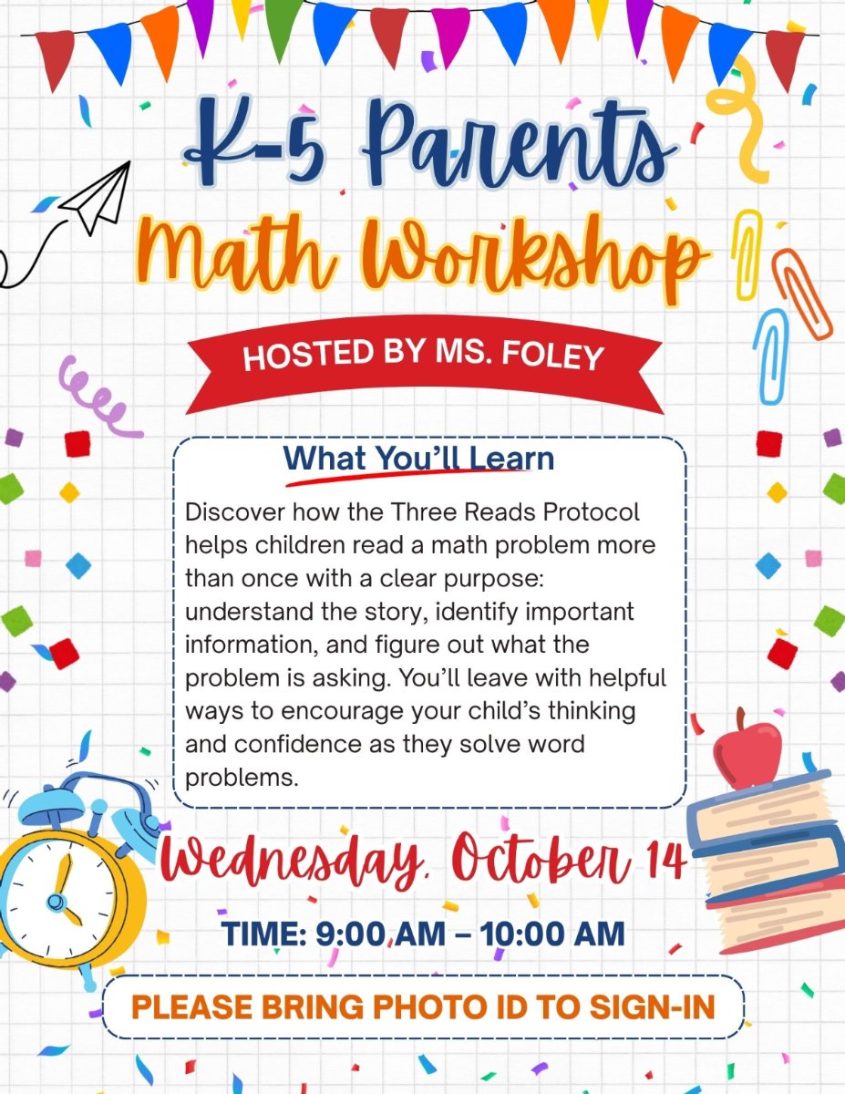 Colorful flyer describing math parent workshop